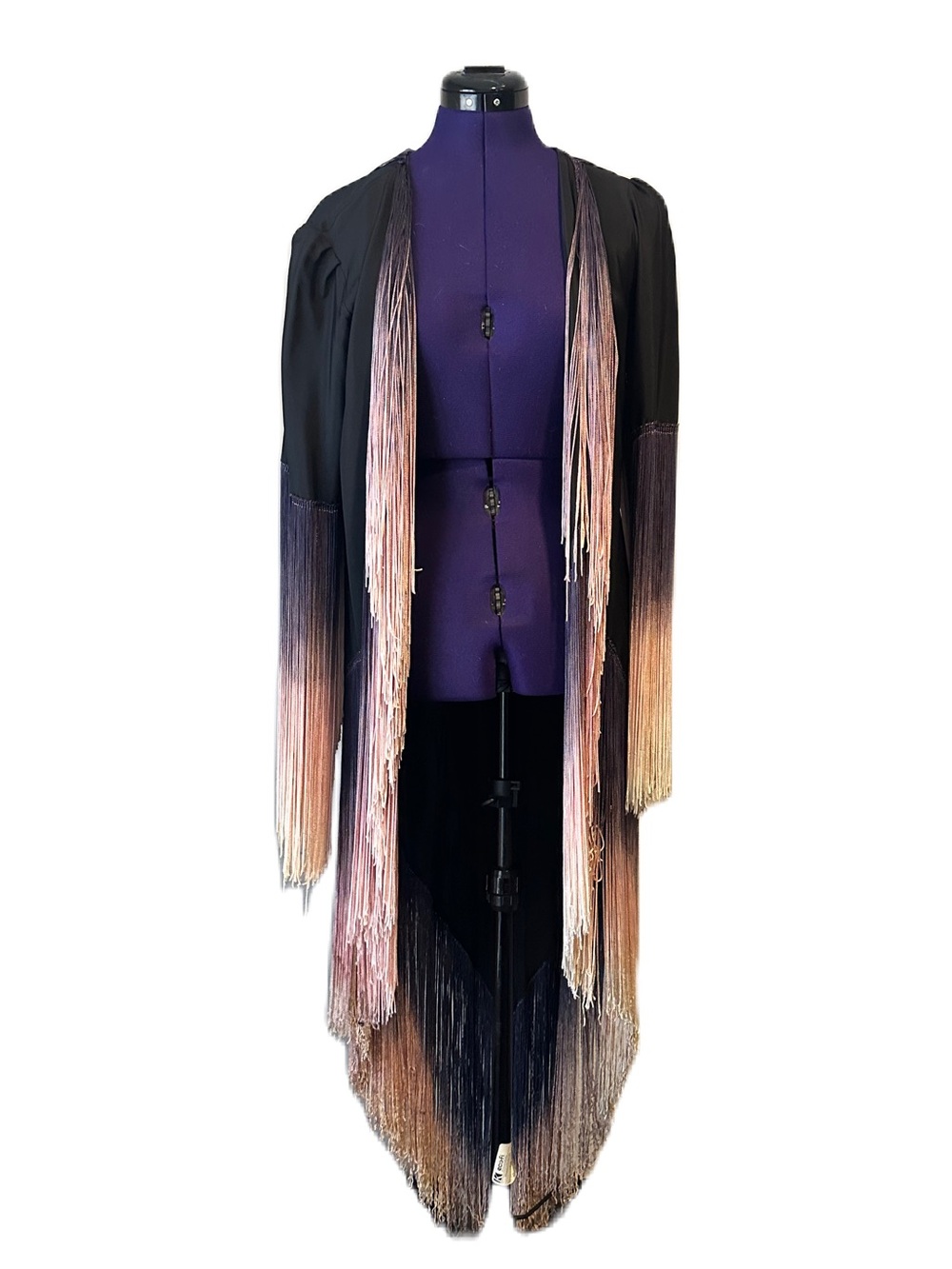 Black Pink Ombre Fringe Long Sleeve Shawl Sweater